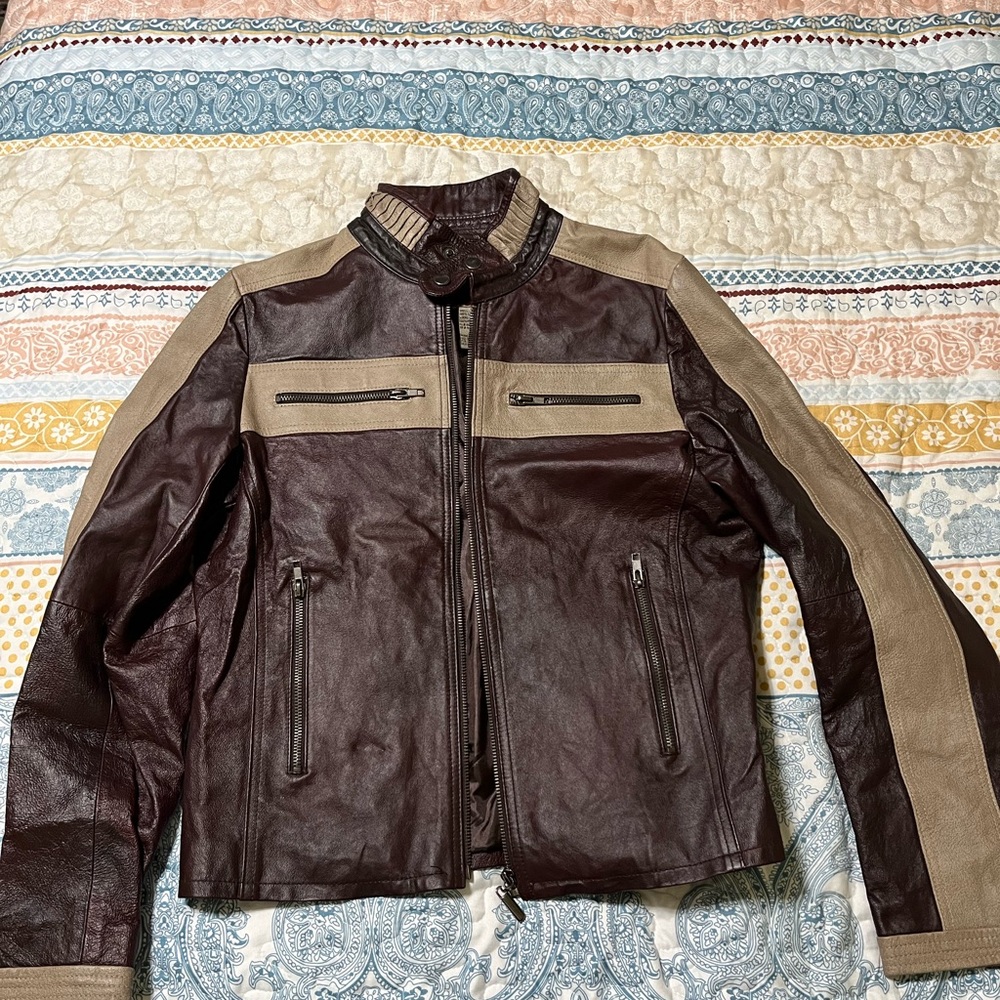 Women's Two-Tone Brown & Tan Leather Bomber Jacket